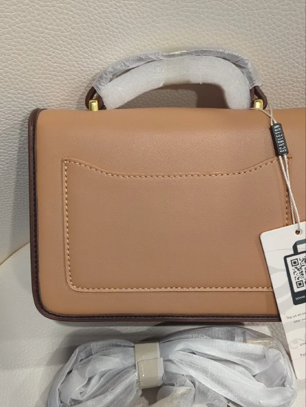 Structured Two-Tone Crossbody Bag in Tan and Cream with Brown Trim